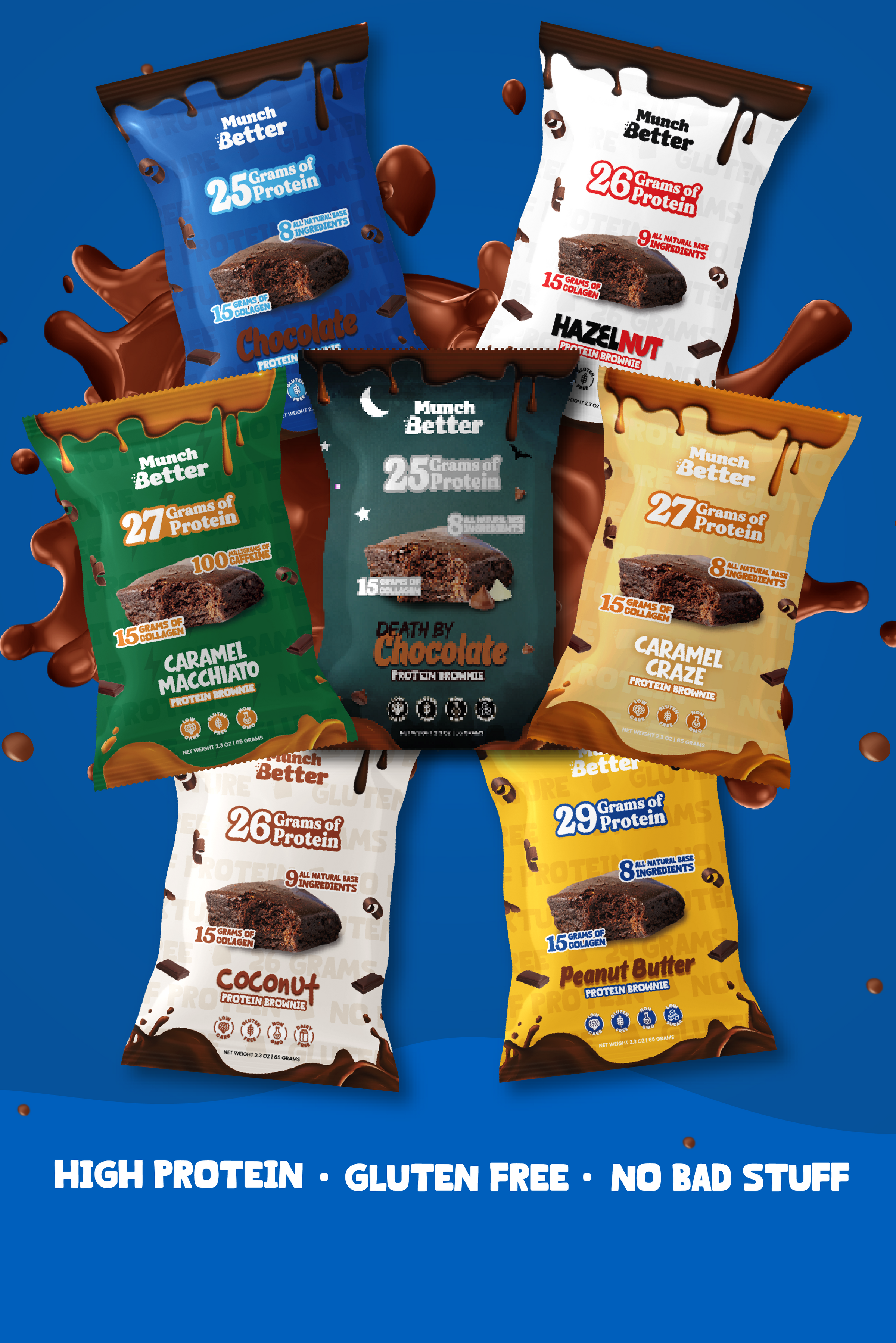 Assorted packages of high protein snacks on a blue background